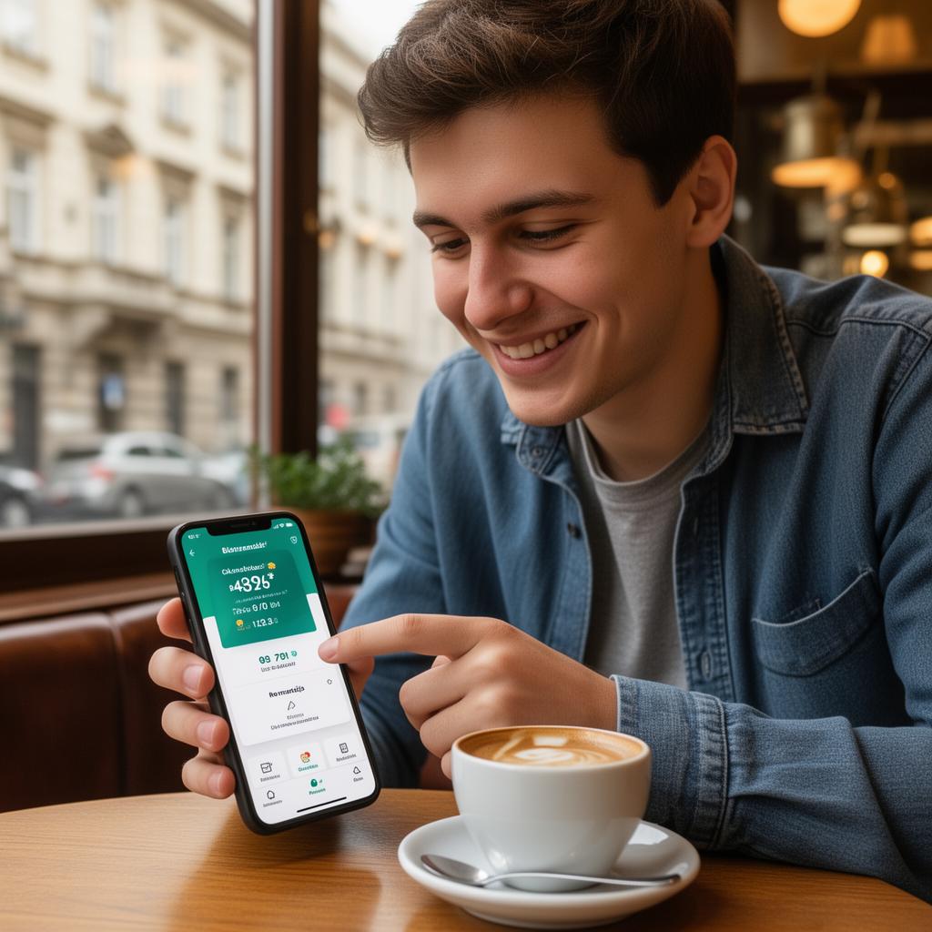 Fiatal magyar férfi egy budapesti kávézóban ellenőrzi a cashback egyenlegét a telefonján